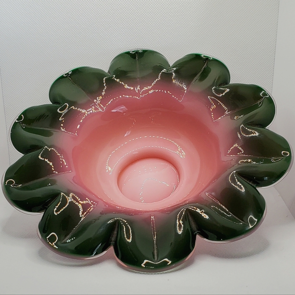 Victorian Green Pink White Cased Hand Blown Glass Bowl for Bride's  Basket